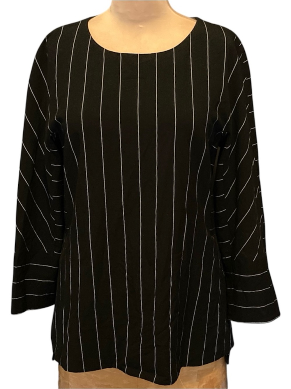 Anne Klein Black Pinstripe Polyblend Long Sleeve Tunic